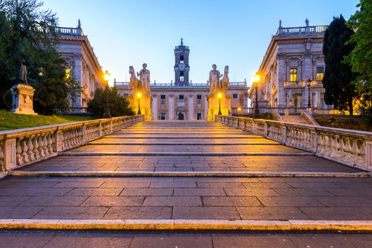 Italy Rome Capitoline hill city square museum buildings and statue illuminated at sunrise