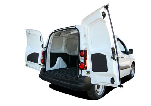 Empty white small van with rear doors opened