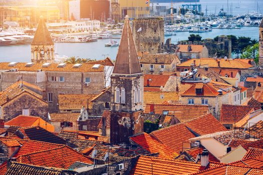 View at town Trogir, old touristic place in Croatia Europe. Trogir town coastal view. Magnificent Trogir, Croatia. Sunny old Venetian town, Dalmatian Coast in Croatia.
