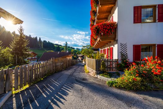 Street view of Santa Maddalena (Santa Magdalena) village, Val di Funes valley, Trentino Alto Adige region, South Tyrol, Italy, Europe. Santa Maddalena Village, Italy. 