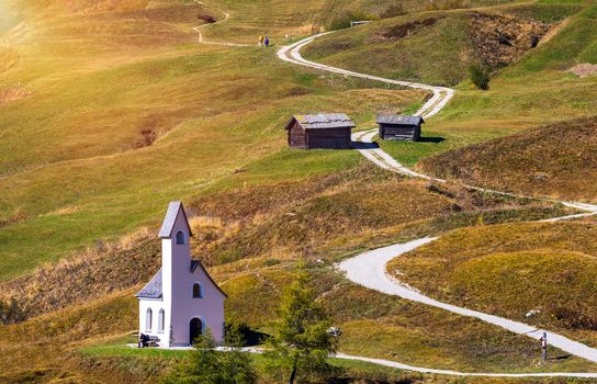 Panoramic view of Dolomite peaks of Pizes da Cir, Passo Gardena at Autumn, South Tyrol, Italy. Gardena Pass, Trentino Alto Adige, Italy. Passo Gardena, alpine pass between Val Badia and Val Gardena.
