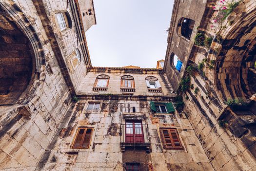 Diocletian's Palace's peristyle in front of Cathedral of Saint Domnius' bell tower in Split, Croatia. Diocletian palace UNESCO world heritage site in Split, Dalmatia, Croatia.