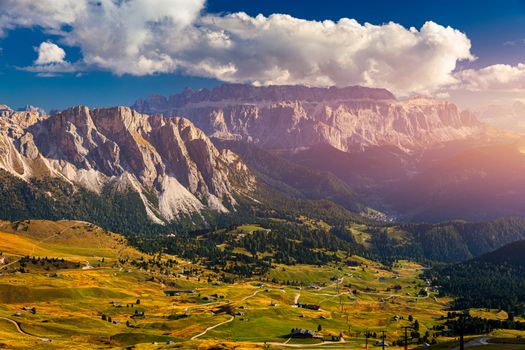 View on Seceda peak. Trentino Alto Adige, Dolomites Alps, South Tyrol, Italy. Odle mountain range, Val Gardena. Majestic Furchetta peak. Odles group seen from Seceda, Santa Cristina Val Gardena.
