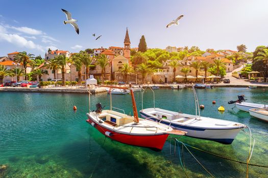 Splitska village with beautiful port and seagull's flying over the village, Brac island, Croatia. Fishing boats in Splitska village on Brac island seafront view, Dalmatia, Croatia, Croatia.