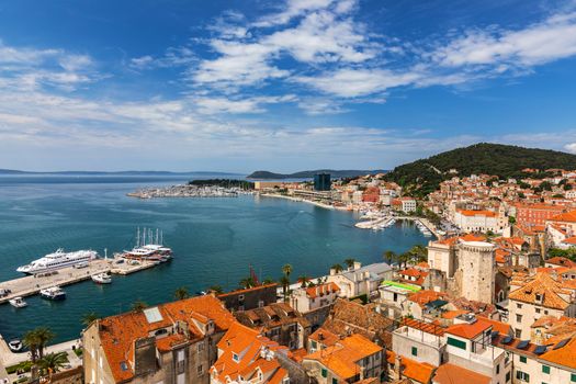 Split waterfront and Marjan hill aerial view, Dalmatia, Croatia. UNESCO World Heritage Site. Split panoramic view of town, Dalmatia, Croatia.