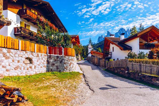 Street view of Santa Maddalena (Santa Magdalena) village, Val di Funes valley, Trentino Alto Adige region, South Tyrol, Italy, Europe. Santa Maddalena Village, Italy. 