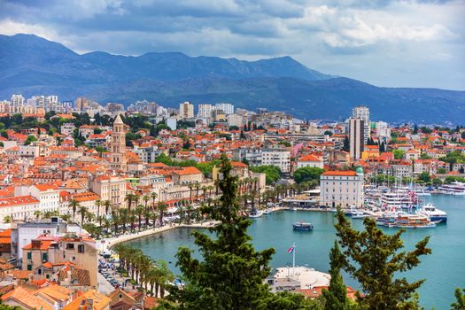 Split, Croatia (region of Dalmatia). UNESCO World Heritage Site. View of Split city, Diocletian Palace and Mosor mountains in background. Split panoramic view of town, Dalmatia, Croatia.