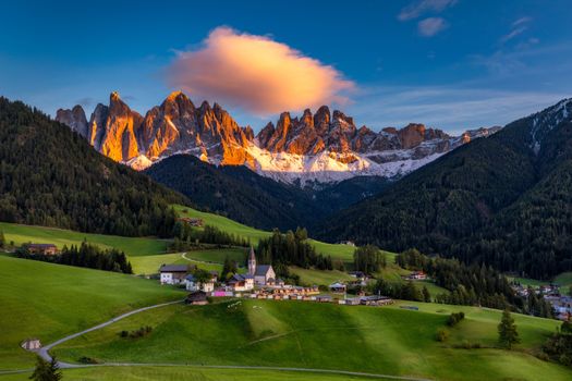 Santa Maddalena (Santa Magdalena) village with magical Dolomites mountains in autumn, Val di Funes valley, Trentino Alto Adige region, South Tyrol, Italy, Europe. Santa Maddalena Village, Italy. 