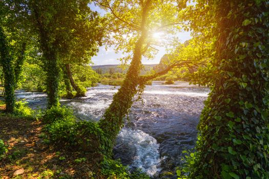 Waterfalls Krka, National Park, Dalmatia, Croatia. View of Krka National Park, Roski Slap location, Croatia, Europe. Beautiful world of Mediterranean countries. Traveling concept background.