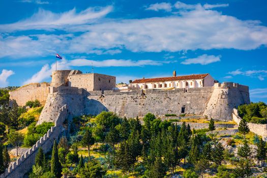 The Fortica fortress (Spanish Fort or Spanjola Fortres) on the Hvar island in Croatia. Ancient fortress on Hvar island over town (citadel), popular touristic attraction of Adriatic coast, Croatia.