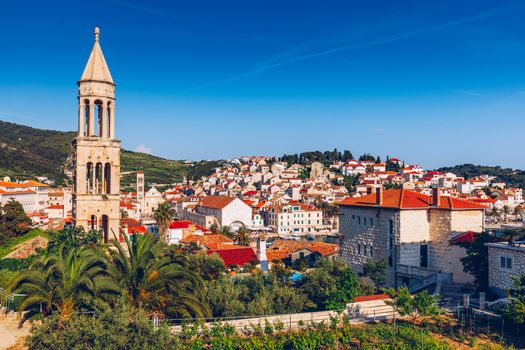 View at amazing archipelago in front of town Hvar, Croatia. Harbor of old Adriatic island town Hvar. Popular touristic destination of Croatia. Amazing Hvar city on Hvar island, Croatia.