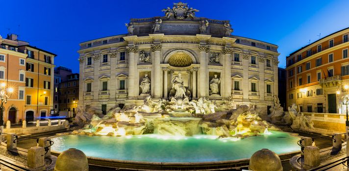 Trevi fountain at sunrise, Rome, Italy. Rome baroque architecture and landmark. Rome Trevi fountain is one of the main attractions of Rome and Italy