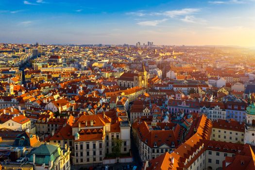Aerial Prague panoramic drone view of the city of Prague at the Old Town Square, Czechia. Prague Old Town historical center of Prague, buildings and landmarks of old town, Prague, Czech Republic. 