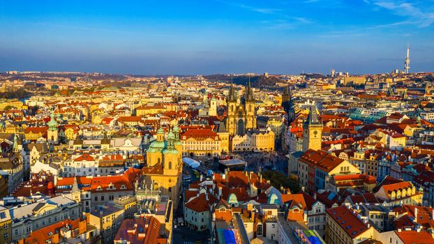 Aerial Prague panoramic drone view of the city of Prague at the Old Town Square, Czechia. Prague Old Town historical center of Prague, buildings and landmarks of old town, Prague, Czech Republic. 