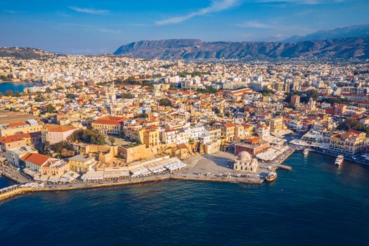 Panoramic aerial view from above of the city of Chania, Crete island, Greece. Landmarks of Greece, beautiful venetian town Chania in Crete island. Chania, Crete, Greece.