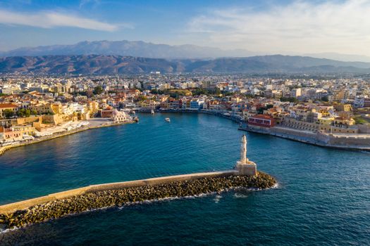 Panoramic aerial view from above of the city of Chania, Crete island, Greece. Landmarks of Greece, beautiful venetian town Chania in Crete island. Chania, Crete, Greece.