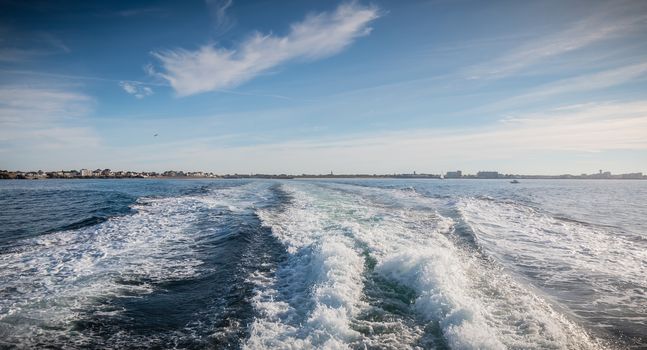 view of water jet seen behind the speed boat