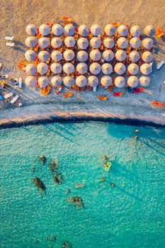 Aerial view of beautiful tropical Elafonissi Beach with pink sand. View of a nice tropical Elafonissi beach from the air. Beautiful sky, sea, resort. Elafonissi beach, Crete, Greece.