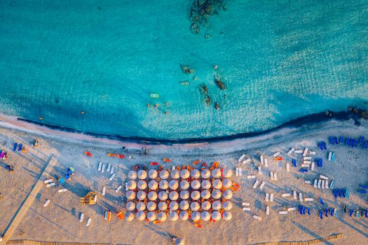 Aerial drone shot of beautiful turquoise beach with pink sand Elafonissi, Crete, Greece. Best beaches of Mediterranean, Elafonissi beach, Crete, Greece. Famous Elafonisi beach on Greece island, Crete.