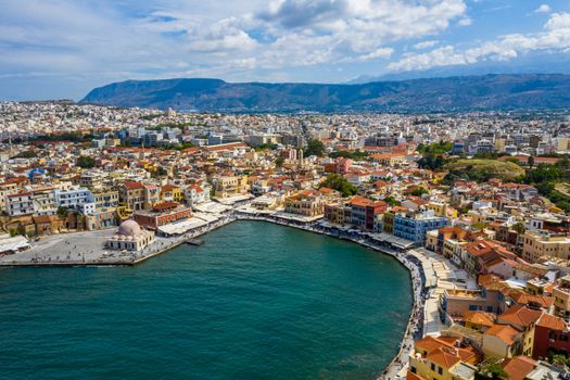 Panoramic aerial view from above of the city of Chania, Crete island, Greece. Landmarks of Greece, beautiful venetian town Chania in Crete island. Chania, Crete, Greece.