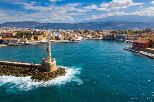 Panoramic aerial view from above of the city of Chania, Crete island, Greece. Landmarks of Greece, beautiful venetian town Chania in Crete island. Chania, Crete, Greece.