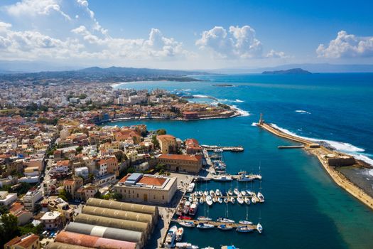 Panoramic aerial view from above of the city of Chania, Crete island, Greece. Landmarks of Greece, beautiful venetian town Chania in Crete island. Chania, Crete, Greece.