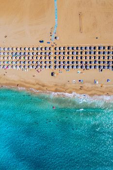 Aerial shot of beautiful turquoise beach Falasarna (Falassarna) in Crete, Greece. View of famous paradise sandy deep turquoise beach of Falasarna (Falassarna) in North West, Crete island, Greece.