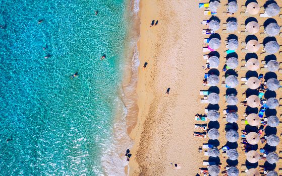 Aerial shot of beautiful turquoise beach Falasarna (Falassarna) in Crete, Greece. View of famous paradise sandy deep turquoise beach of Falasarna (Falassarna) in North West, Crete island, Greece.