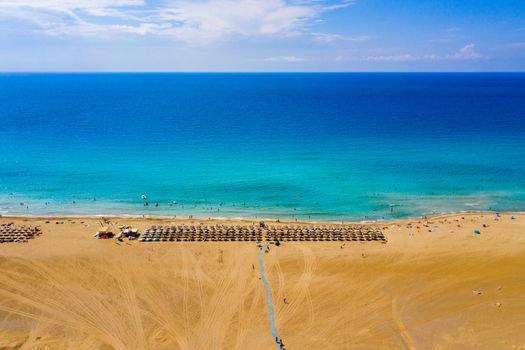Aerial shot of beautiful turquoise beach Falasarna (Falassarna) in Crete, Greece. View of famous paradise sandy deep turquoise beach of Falasarna (Falassarna) in North West, Crete island, Greece.