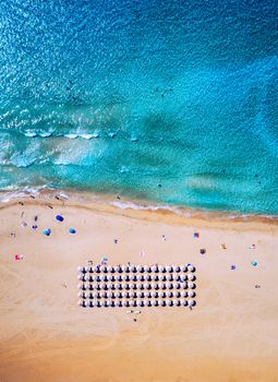 Aerial shot of beautiful turquoise beach Falasarna (Falassarna) in Crete, Greece. View of famous paradise sandy deep turquoise beach of Falasarna (Falassarna) in North West, Crete island, Greece.