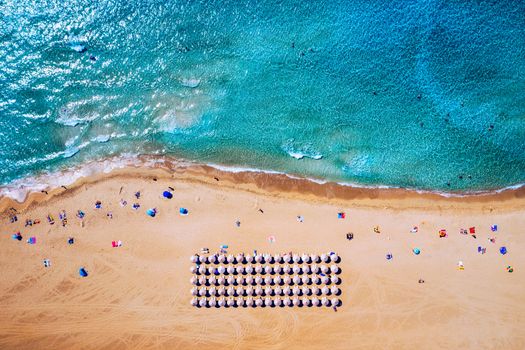 Aerial shot of beautiful turquoise beach Falasarna (Falassarna) in Crete, Greece. View of famous paradise sandy deep turquoise beach of Falasarna (Falassarna) in North West, Crete island, Greece.