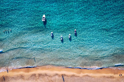 Aerial shot of beautiful turquoise beach Falasarna (Falassarna) in Crete, Greece. View of famous paradise sandy deep turquoise beach of Falasarna (Falassarna) in North West, Crete island, Greece.