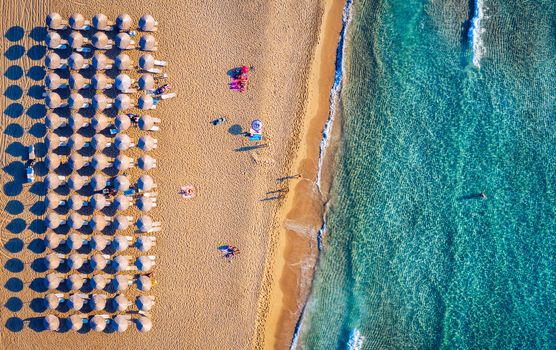 Aerial shot of beautiful turquoise beach Falasarna (Falassarna) in Crete, Greece. View of famous paradise sandy deep turquoise beach of Falasarna (Falassarna) in North West, Crete island, Greece.