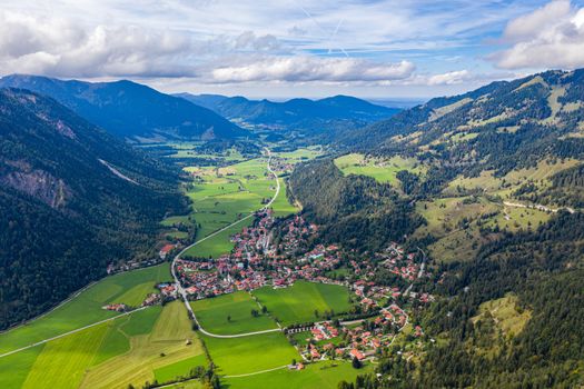 Bayrischzell municipality aerial view, with a view of Osterhofen town. German beautiful nature and green forests, Bavaria, Germany. The village Bayrischzell in mountains of Alps, Bavaria Germany.
