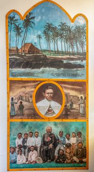 Kalapana, Hawaii, USA. - January 14, 2020: Mary, Star of the Sea Catholic Church. Painting of Father Damien images with lepers and his first church on Molokai Island.