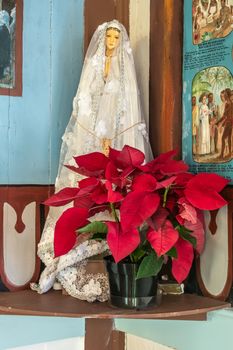 Kalapana, Hawaii, USA. - January 14, 2020: Mary, Star of the Sea Catholic Church. Mary, mother of god, statue in white dress behind red flowers on corner shelf. Blue wall with brown beams.