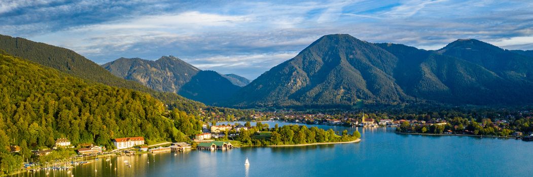 Tegernsee, Germany. Lake Tegernsee in Rottach-Egern (Bavaria), Germany near the Austrian border. Aerial view of the lake "Tegernsee" in the Alps of Bavaria. Bad Wiessee. Tegernsee lake in Bavaria. 