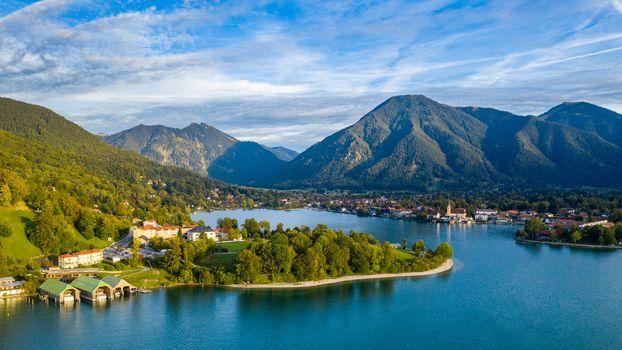 Tegernsee, Germany. Lake Tegernsee in Rottach-Egern (Bavaria), Germany near the Austrian border. Aerial view of the lake "Tegernsee" in the Alps of Bavaria. Bad Wiessee. Tegernsee lake in Bavaria. 