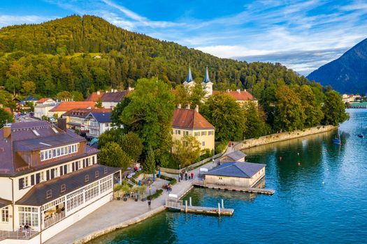 Tegernsee, Germany. Lake Tegernsee in Rottach-Egern (Bavaria), Germany near the Austrian border. Aerial view of the lake "Tegernsee" in the Alps of Bavaria. Bad Wiessee. Tegernsee lake in Bavaria. 