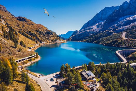 Lago Fedaia (Fedaia Lake), Fassa Valley, Trentino Alto Adige, an artificial lake and a dam near Canazei city, located at the foot of Marmolada massif. Fedaia Lake is the Province of Belluno, Italy.