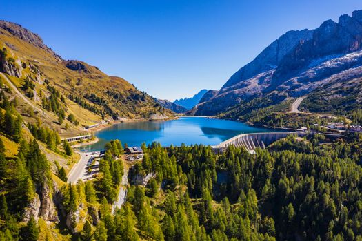 Lago Fedaia (Fedaia Lake), Fassa Valley, Trentino Alto Adige, an artificial lake and a dam near Canazei city, located at the foot of Marmolada massif. Fedaia Lake is the Province of Belluno, Italy.