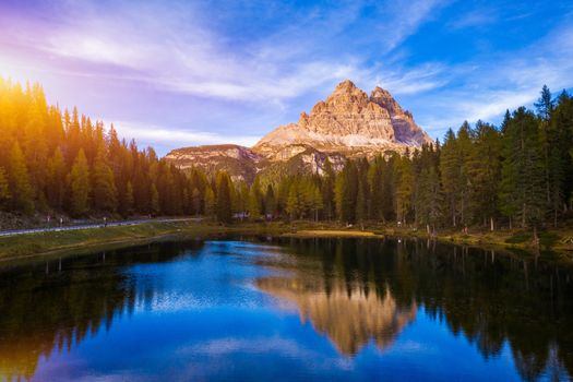 Aerial drone view of Lake Antorno (Lago di Antorno) located in Dolomites area, Belluno Province, Italy. Lake Antorno, Three Peaks of Lavaredo, Lake Antorno and Tre Cime di Lavaredo, Dolomites, Italy.