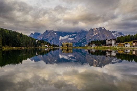 Tre Cime di Lavaredo peaks seen from Misurina lake in Dolomites, Italy in winter, Belluno-Trentino Alto Adige border. Misurina lake, Tre Cime di Lavaredo, Auronzo, Dolomiti, South Tyrol, Italy.