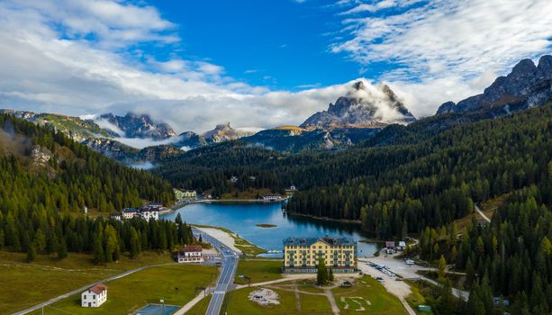 Tre Cime di Lavaredo peaks seen from Misurina lake in Dolomites, Italy in winter, Belluno-Trentino Alto Adige border. Misurina lake, Tre Cime di Lavaredo, Auronzo, Dolomiti, South Tyrol, Italy.