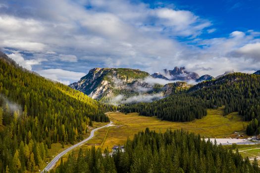 Scenic aerial view of a winding trekking path in a forest. Trekking path in the forest from above, drone view. Aerial top view of a trail in the middle of a forest. Aerial view of footpath in forest.