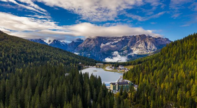 Tre Cime di Lavaredo peaks seen from Misurina lake in Dolomites, Italy in winter, Belluno-Trentino Alto Adige border. Misurina lake, Tre Cime di Lavaredo, Auronzo, Dolomiti, South Tyrol, Italy.