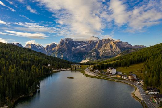 Lake Misurina or Lago di Misurina Italy. Misurina Lake with perfect sky reflection in calm water. Stunning view on the majestic Dolomites Alp Mountains, Italy, National Park Tre Cime di Lavaredo.