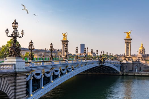 Pont Alexandre III bridge over river Seine in the sunny summer morning. Bridge decorated with ornate Art Nouveau lamps and sculptures. The Alexander III Bridge across Seine river in Paris, France.