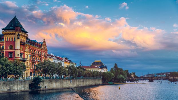Charles Bridge in Prague in Czechia. Prague, Czech Republic. Charles Bridge (Karluv Most) and Old Town Tower. Vltava River and Charles Bridge. Concept of world travel, sightseeing and tourism.