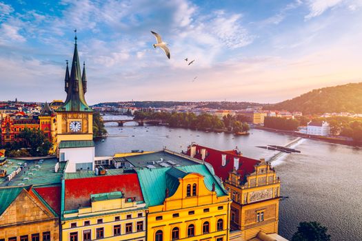 Charles Bridge in Prague in Czechia. Prague, Czech Republic. Charles Bridge (Karluv Most) and Old Town Tower. Vltava River and Charles Bridge. Concept of world travel, sightseeing and tourism.